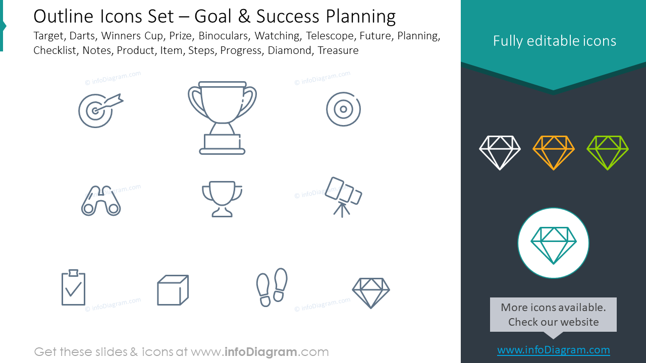 Outline icons set: goal, success planning target, darts, winners cup, prize
