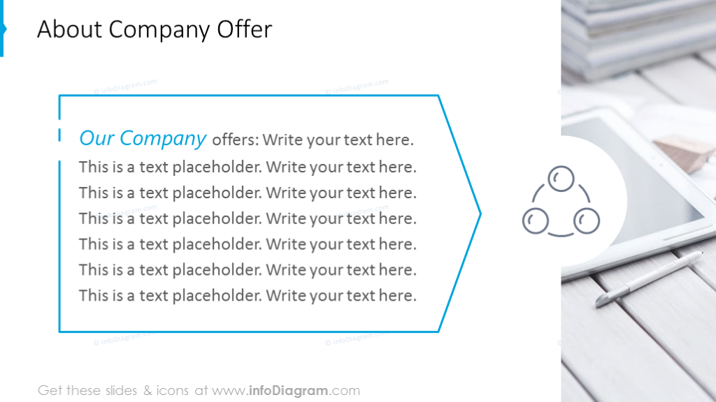 Company offer slide with text placeholder and picture background