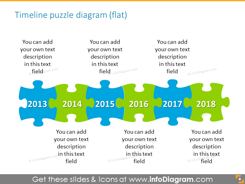 Timeline puzzle diagram flat style for 6 elements with place for description