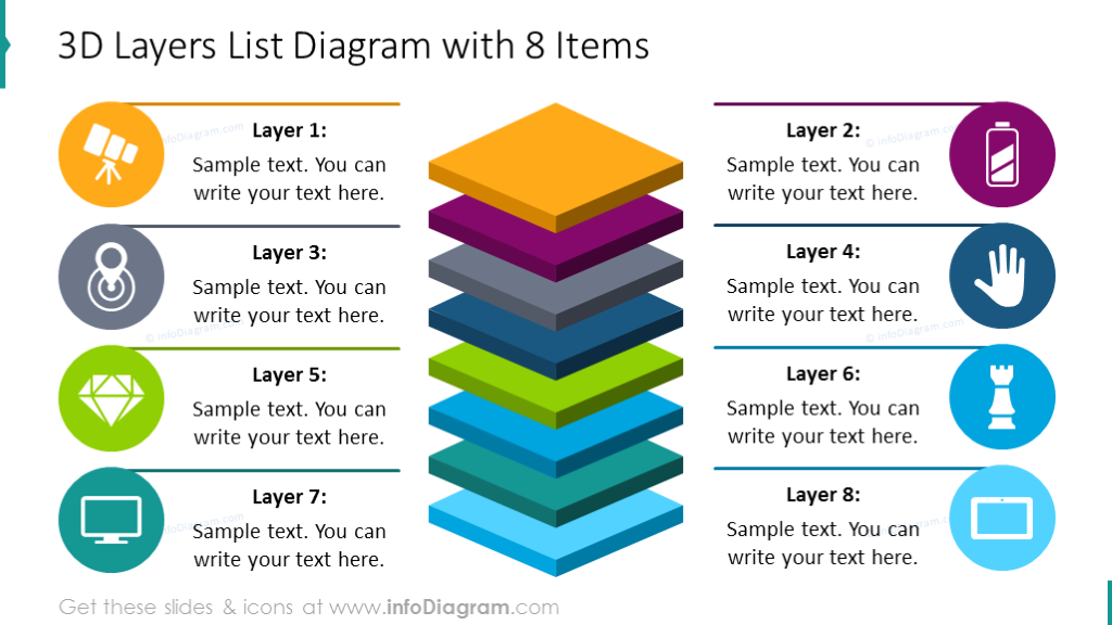 Diagrama 3D de ocho elementos con descripción e iconos planos modernos