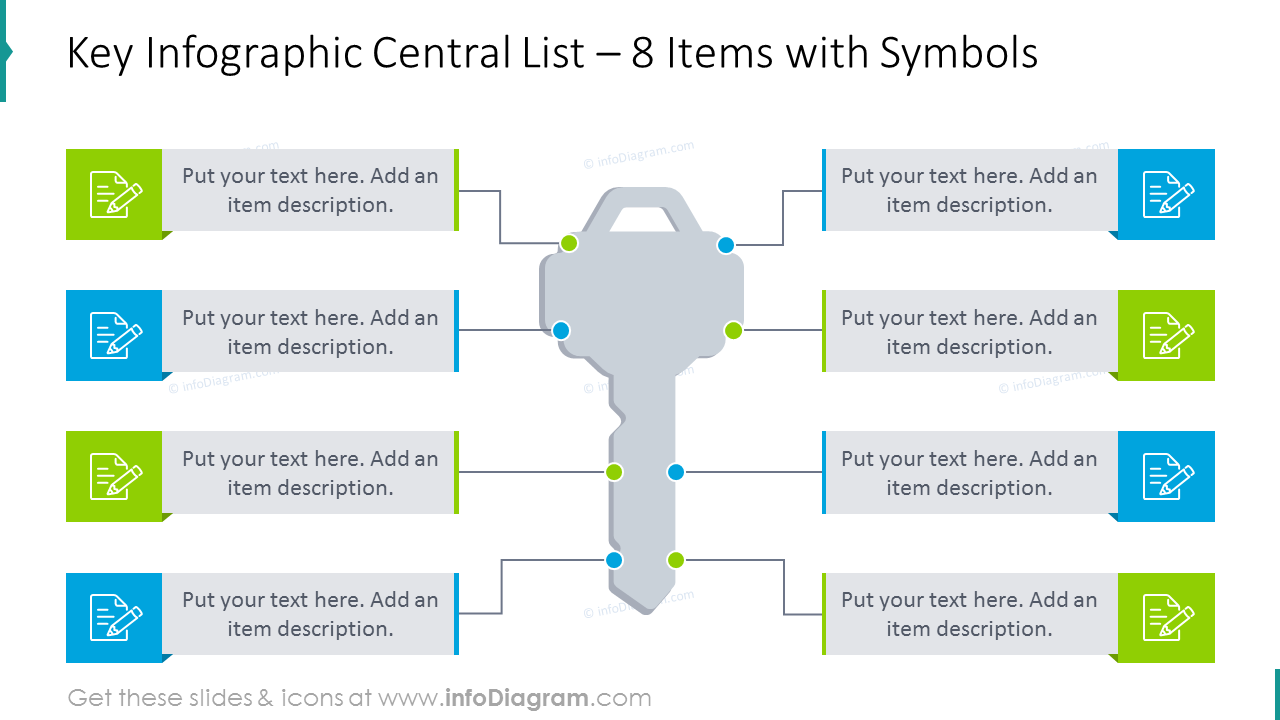 8 items with symbols shown as a key central list infographics