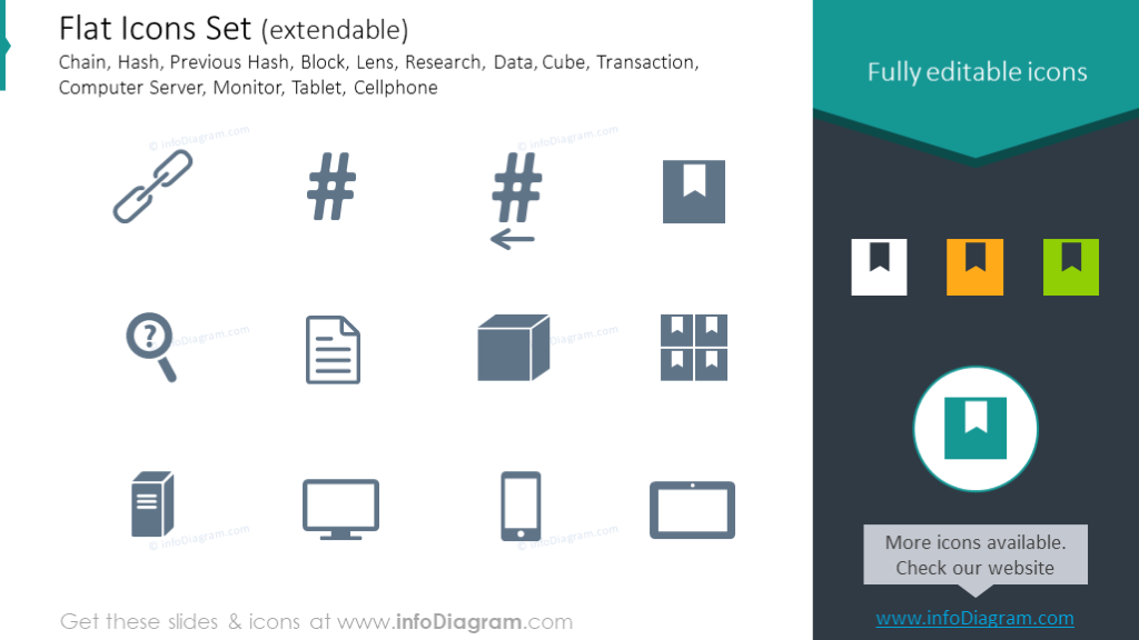 Flat Icons Set: Chain, Hash, Block, Data, Cube, Computer Server, Monitor