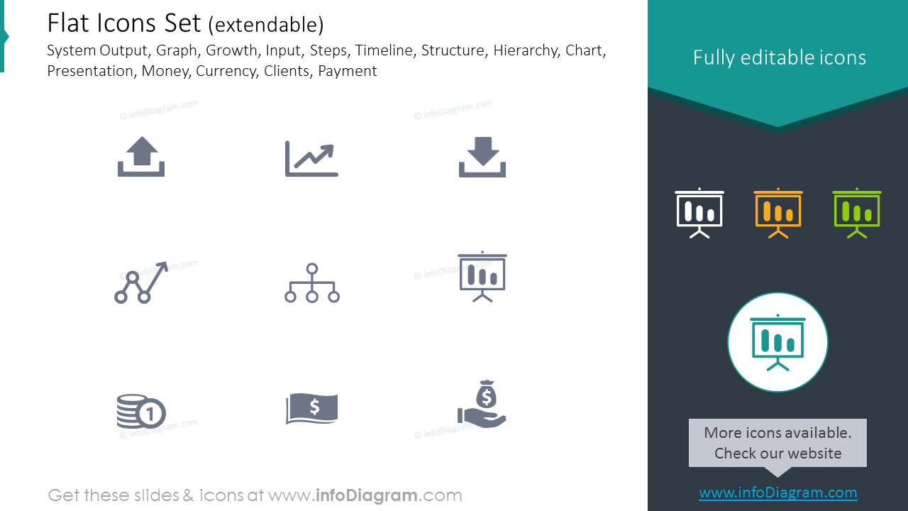 Icons Set: System Output, Growth, Input, Structure, Hierarchy, Currency
