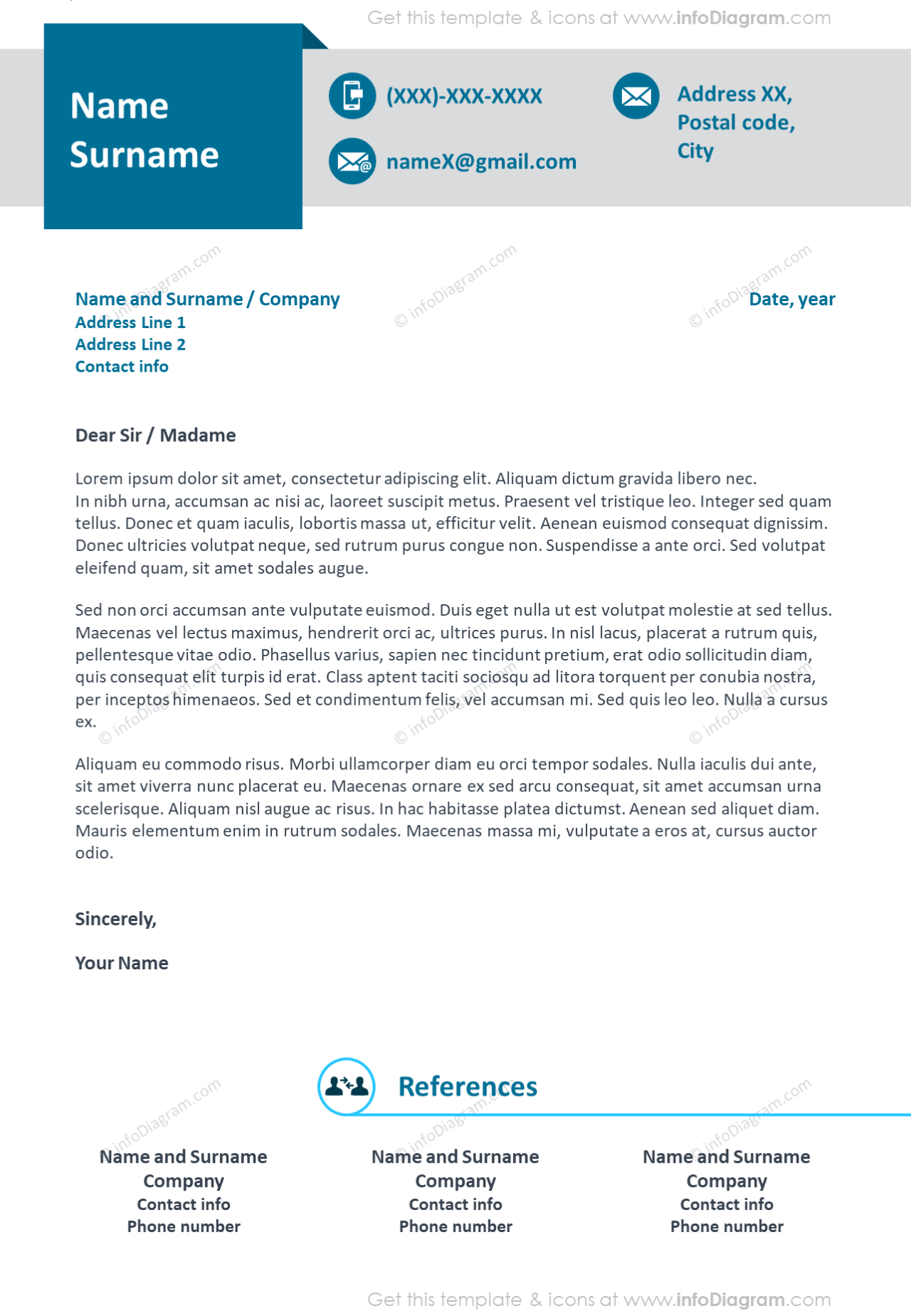 Exemple de lettre de motivation et de références visuelles de professionnel en bleu foncé.