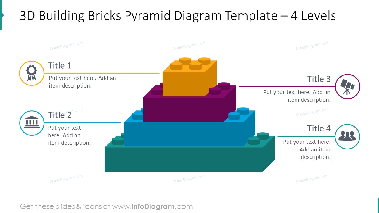 Pyramide de briques 3D à 4 niveaux avec des icônes plates