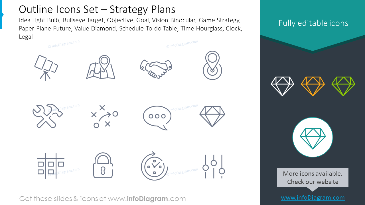 Outline Icons: Goal, Vision Binocular, Strategy, Hourglass, Clock, Legal