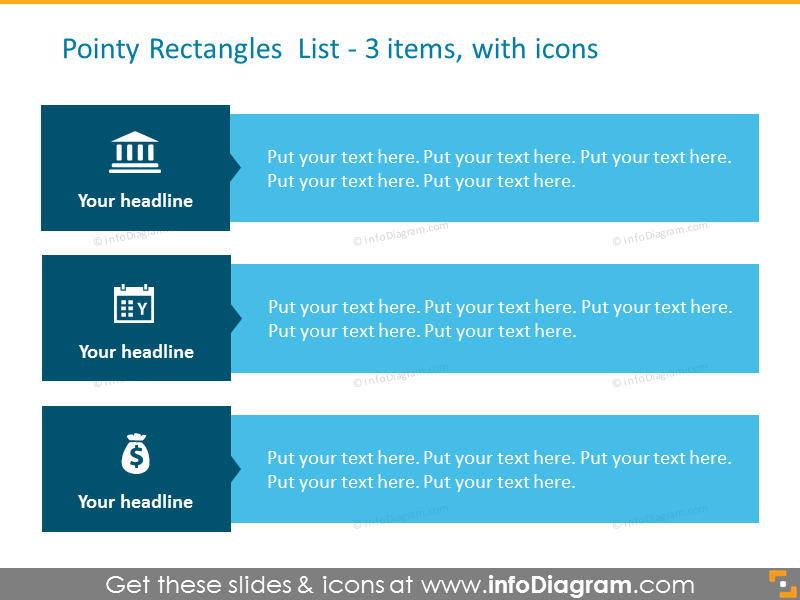 Pointy rectangles list showed with icons and bullet points