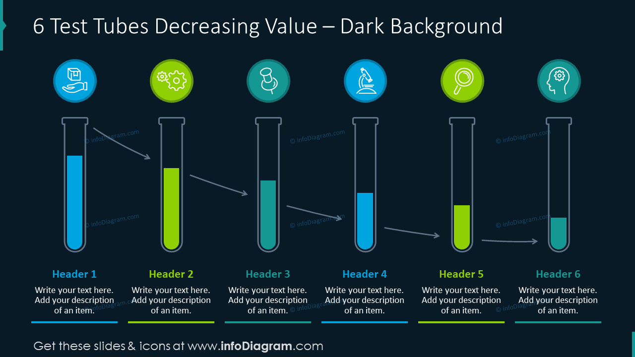 Six test tubes decreasing value on dark background