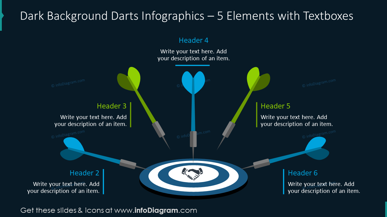 Dark background darts infographics for five elements