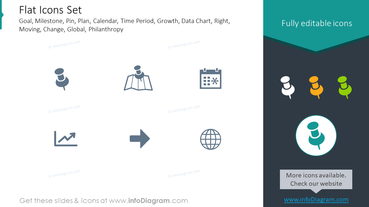 Flat icons set: goal, milestone, pin, plan, calendar