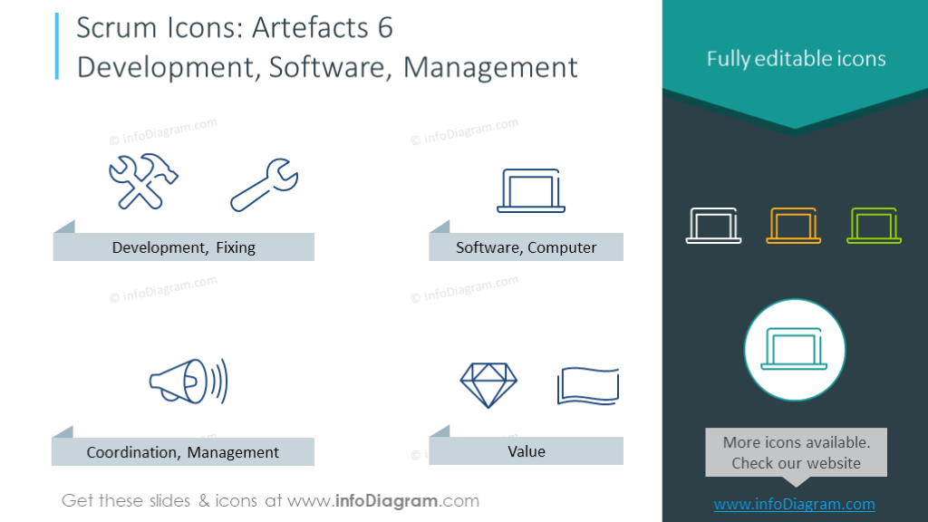 Example of the scrum icons: development, software, management