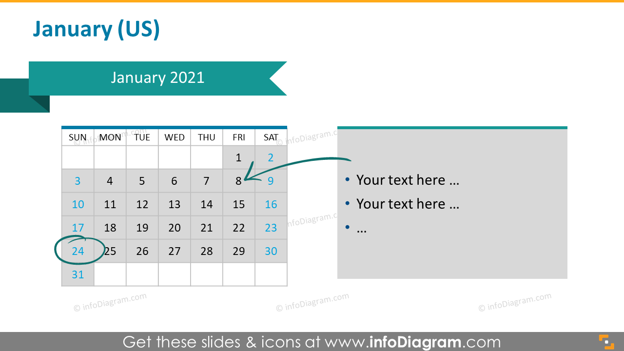 Monthly US calendar 2020 slide with place for notes: January