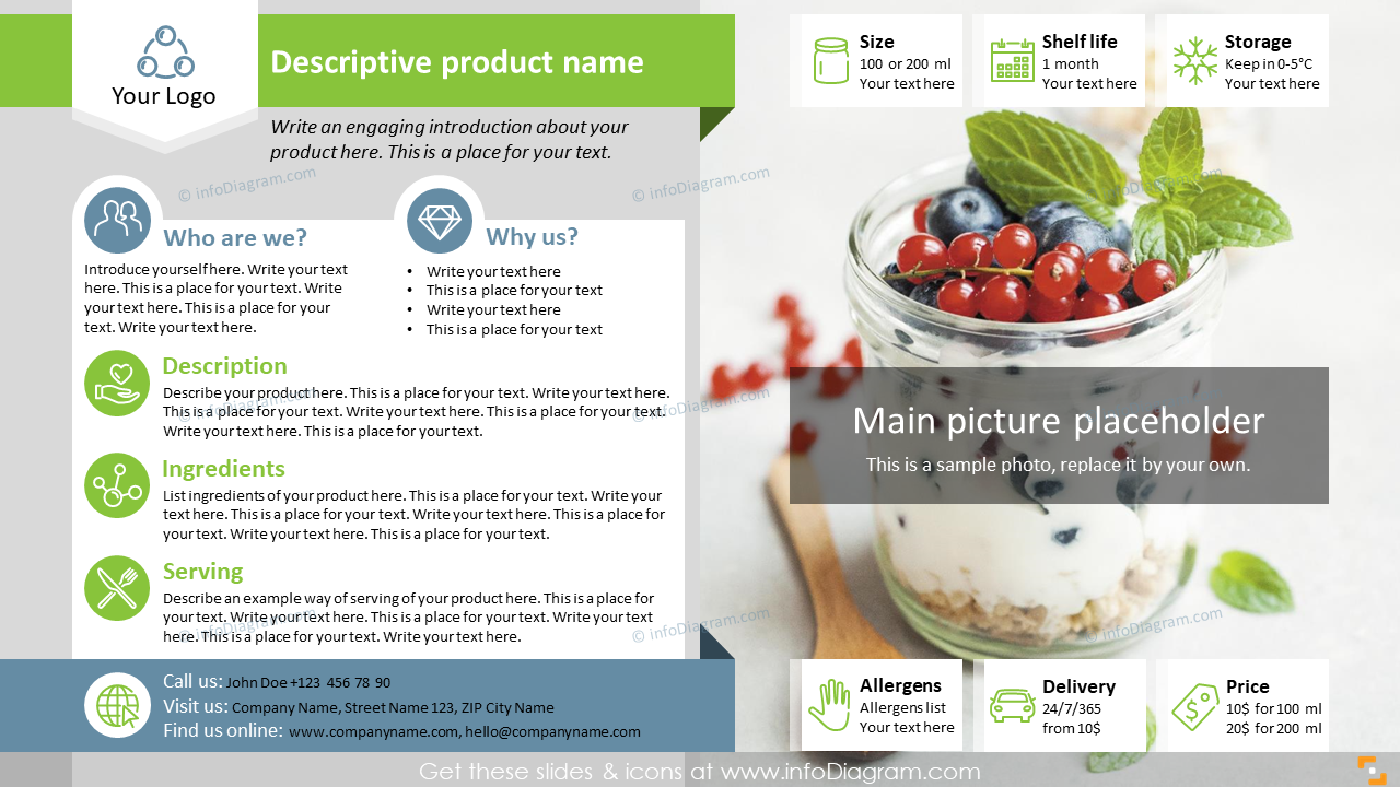 Fiche de vente de produit alimentaire | Modèles PPT professionnels d'une page