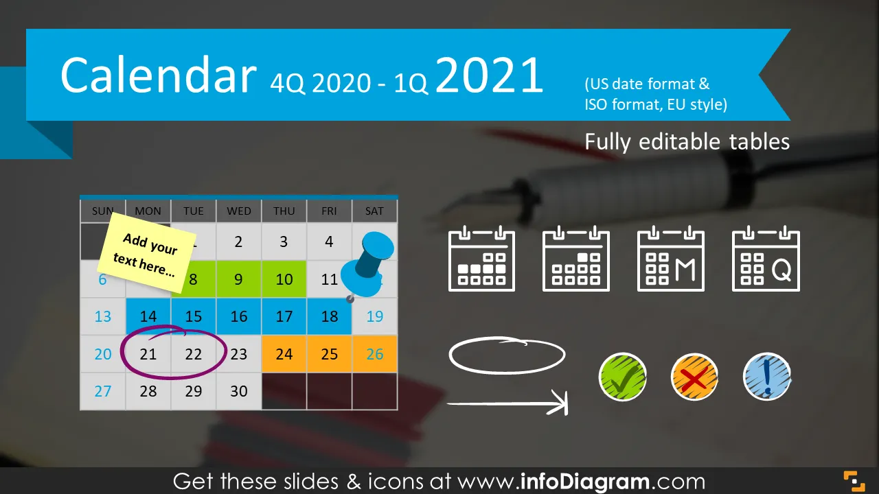 Quarterly Calendars 4Q 2020 + 1Q 2021 (PPT tables and icons) preview 1