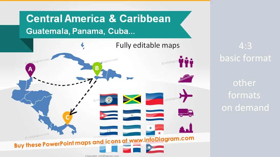 Maps Central America & Caribbean. Population, GDP, transport icons PPT preview 1