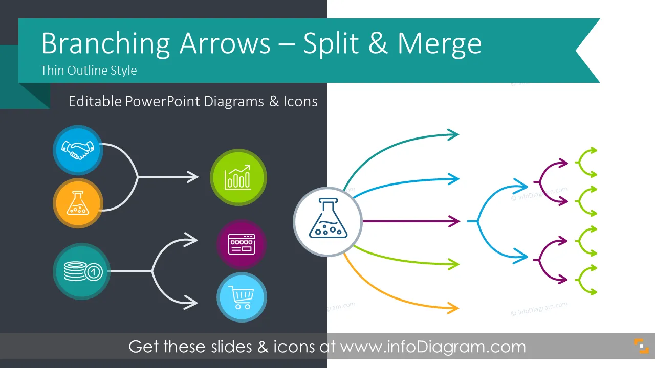 Branching Thin Arrows for Process Flow Split or Merge (PPT Diagrams) preview 1