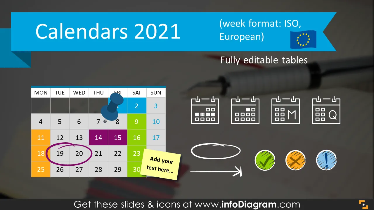 Gráficos de cronograma de calendários 2021 formato EU (tabelas e ícones PPT) preview 1