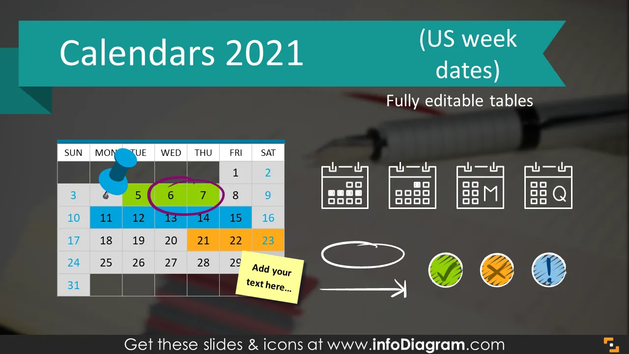 Gráficos de cronograma de calendários 2021 formato US (tabelas e ícones PPT) preview 1