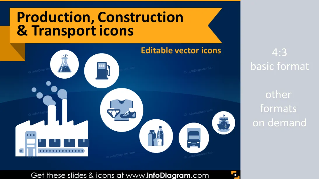 Branche-Icons: Produktion, Bau, Transport (flache PPT Clipart) preview 1