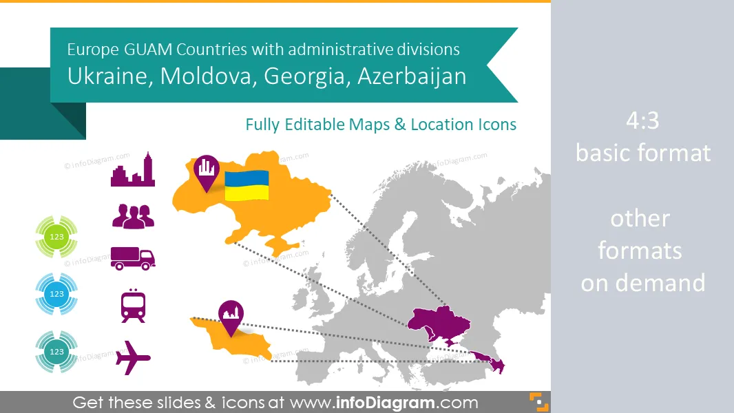Ukraine, Géorgie, cartes des pays GUAM avec régions administratives (PPT modifiable) preview 1