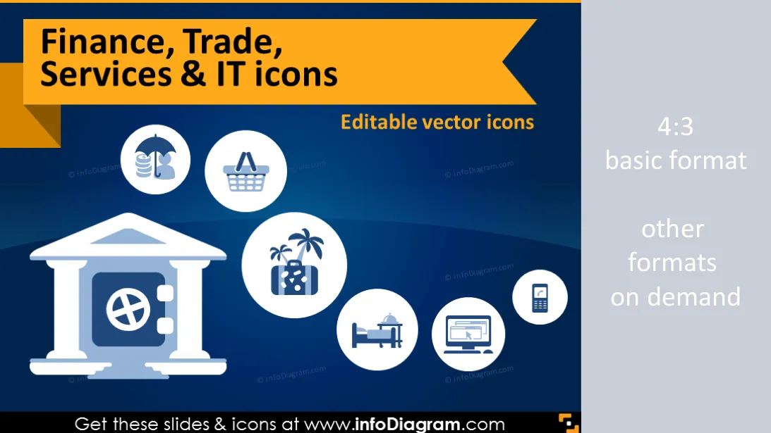 Industry icons: Finance, Money, Trade, Services, IT (flat PPT clipart) preview 1
