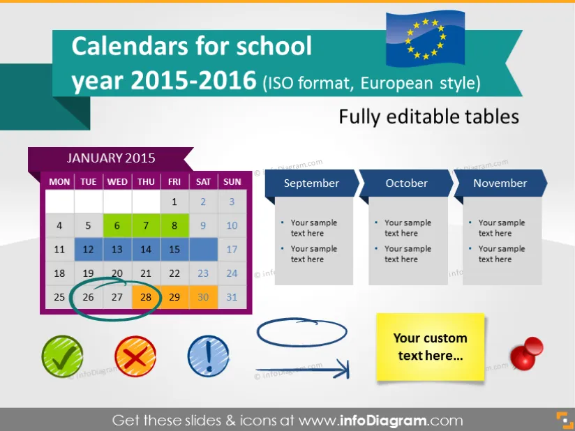 Gráficos de Calendários Escolares 2015 2016 (datas ISO da UE, tabelas PPT e ícones) preview 1
