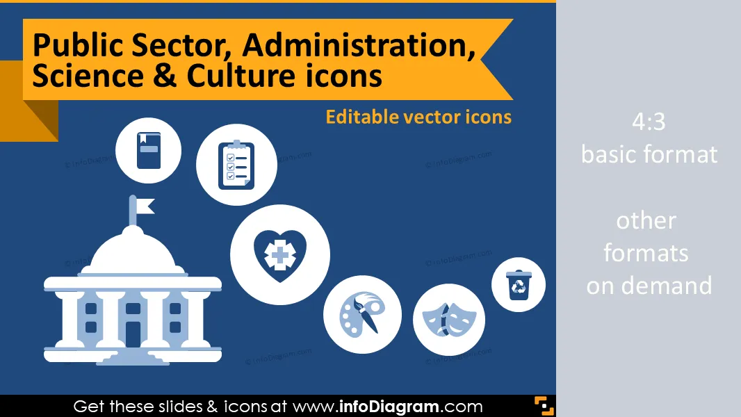 Icônes de l'industrie : Secteur public, Administration, Science et Culture (clipart PPT plat) preview 1