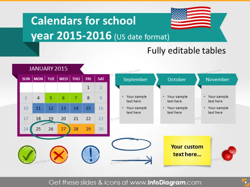 School Calendars 2015 2016 graphics (US date format, PPT tables and icons) preview 1