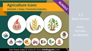 Food and Agriculture icons bundle: Animals, Crop Cultivation, Forestry (PPT flat clipart)